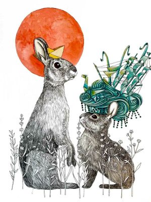 Ink and watercolor drawing of two rabbits wearing ornate hats amid wildflowers before a large red circle.