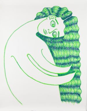 Crayon drawing of a simplified human figure with large, wavy green-and-blue hair wrapped around their body on white paper.