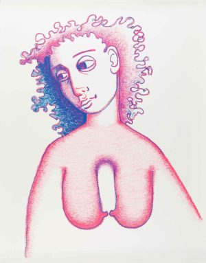 Crayon drawing of a distorted nude figure with curly hair and misaligned eyes in pink and blue on white paper.