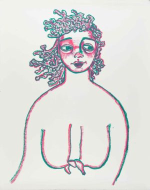 Crayon drawing of a curly-haired nude figure in pink and teal lines on cream paper with a bow at the waist.