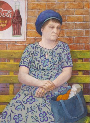 Chalk pastel portrait of a woman in a blue beret and floral dress seated on a bench beside a tote bag.