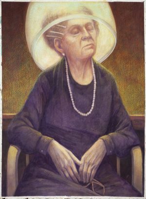 Chalk pastel portrait of an elderly seated woman in a wide-brimmed white hat, pearl necklace, and dark violet dress, eyes closed.