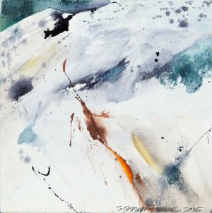Abstract ink and watercolor painting with white and grey washes, teal pools, and a dripped orange-brown line on paper.