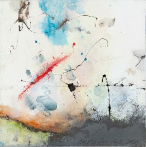 Abstract ink and watercolor painting with blue, red, orange, and grey washes on a white ground.