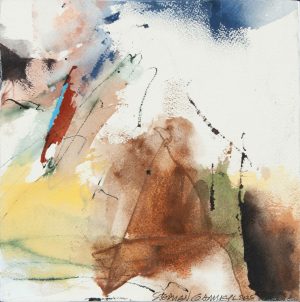 Abstract watercolor and ink painting with overlapping washes of brown, yellow, green, blue, and red on white paper.