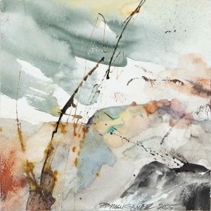 Abstract ink and watercolor on paper with dripped black lines, layered grey, ochre, and sienna washes suggesting landscape forms.