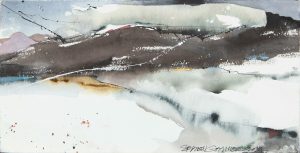 Ink and watercolor landscape with dark brown hills, pale washes, and gestural ink lines on white paper.