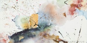 Abstract ink and watercolor painting of fluid washes in navy, amber, rose, and grey with energetic ink splatters on white paper.