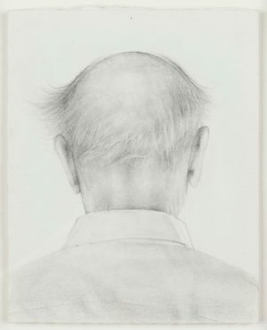 Graphite drawing of the back of a balding man's head and shoulders on white paper.