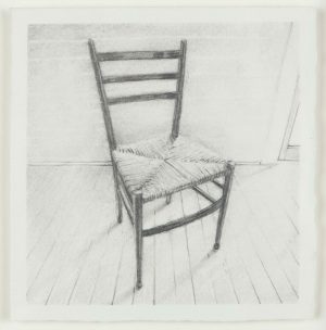 Graphite drawing of a wooden ladder-back chair with a woven rush seat on a plank floor.