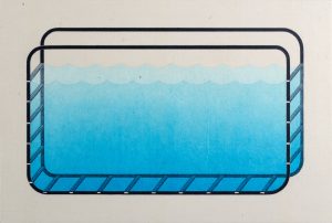 Print of a rectangular swimming pool with scalloped waves, rendered in turquoise gradient and dark navy outlines on cream.