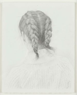 Graphite drawing of the back of a person's head with two French braids and a textured sweater.