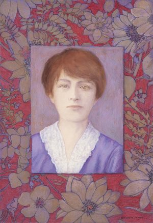 Pastel portrait of a young auburn-haired woman in a violet blouse surrounded by a dense red floral decorative border.
