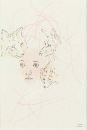 Pencil and watercolor drawing of a young woman's face surrounded by three fox or wolf heads on pale paper.