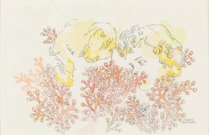 Ink and watercolor drawing of two female faces reclining above branching coral-pink botanical forms on white paper.