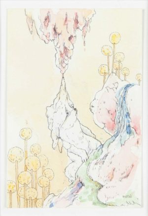 Watercolor and graphite drawing of a polar bear hanging upside-down from a pink formation, watched by a large bear figure amid golden orb-topped plants.