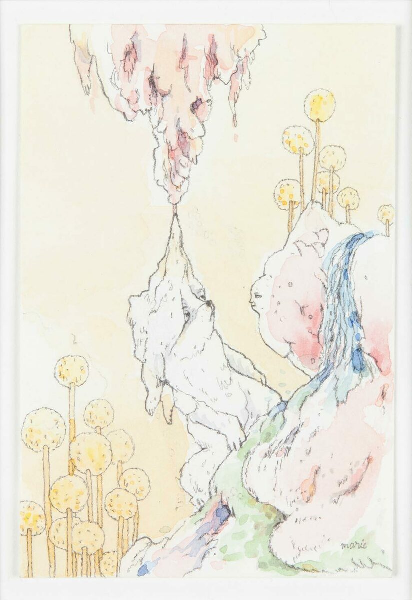 Watercolor and graphite drawing of a polar bear hanging upside-down from a pink formation, watched by a large bear figure amid golden orb-topped plants.