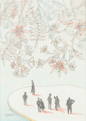 Drawing of small dark human silhouettes standing on an oval platform beneath large flowering botanical branches.