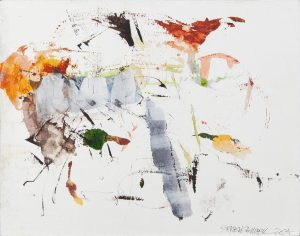 Abstract ink and watercolor work with gestural washes of rust, ochre, grey, and green on white paper.