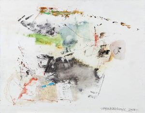 Abstract ink and watercolor painting with gestural gray, green, red, and blue marks on white paper.