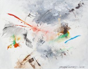 Abstract ink and watercolor painting with gestural grey washes and vivid splashes of red, orange, teal, and blue on white.