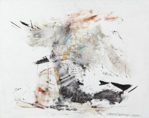 Abstract ink and watercolor work with black splatter marks, grey washes, and small red, blue, and yellow accents on white paper.