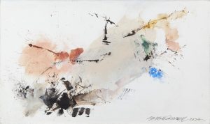 Abstract ink and watercolor painting with gestural splashes of rose, black, ochre, blue, and green on white paper.
