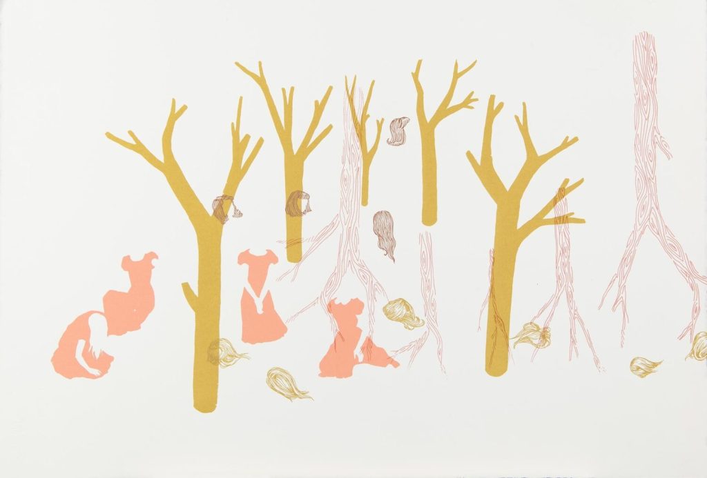 Silkscreen print of gold bare trees, coral bear silhouettes, floating dresses, and loose hair wisps on white paper.