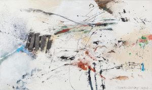 Abstract ink and watercolor painting with gestural black lines, splatters, and accents of red, blue, and green on white.