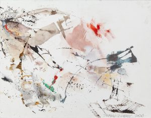 Abstract ink and watercolor painting of sweeping gestural marks, splatters, and washes in red, blue, and ochre on white.