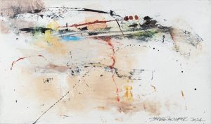 Abstract ink and watercolor work with sweeping black arcs, crimson drips, and warm sandy washes on white paper.