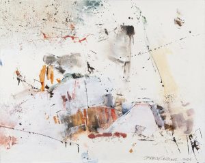 Abstract ink and watercolor painting with gestural gray washes, ink spatters, and warm ochre and rust marks on white paper.