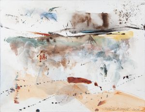 Abstract ink and watercolor on paper with gestural washes of ochre, brown, and blue-grey on a white ground.