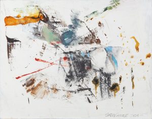 Abstract ink and watercolor work with gestural orange, teal, black, and red marks on white paper.