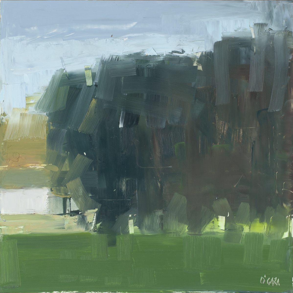 Oil painting of a dark tree mass against a pale grey sky above a bright green foreground field.