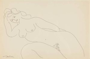 Ink line drawing of a reclining nude woman with flowing hair on cream paper.