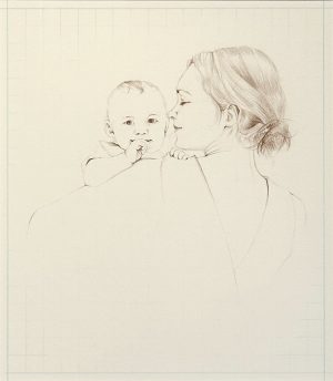 Pencil drawing of a woman in profile holding a baby who faces the viewer, on cream paper.