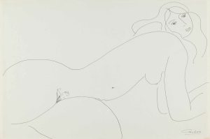 Ink contour line drawing of a reclining nude woman with flowing hair and a small flower at her hip.