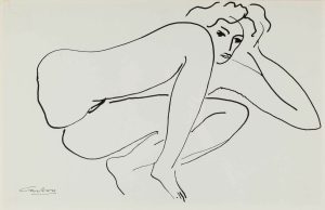 Ink drawing of a crouching female nude in fluid contour line on white paper, hand raised to her head.