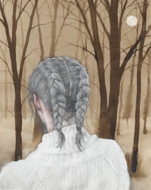 Mixed-media drawing of a figure seen from behind with braided hair facing a misty moonlit winter forest.
