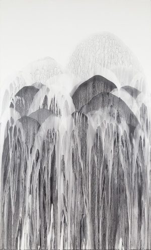 Large-scale semi-abstract painting of dark columnar and domed forms in black iron oxide on a white panel.