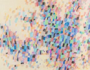Abstract drawing of hundreds of small multicolored rectangular crayon marks scattered across cream paper.