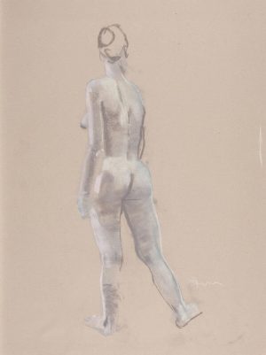 Pastel drawing of a standing nude female figure seen from behind on warm beige paper.