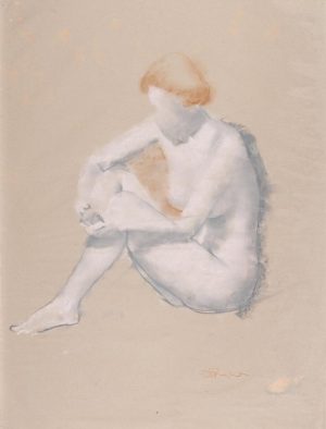 Pastel drawing of a seated nude woman with short auburn hair, knees drawn up, on a warm beige ground.