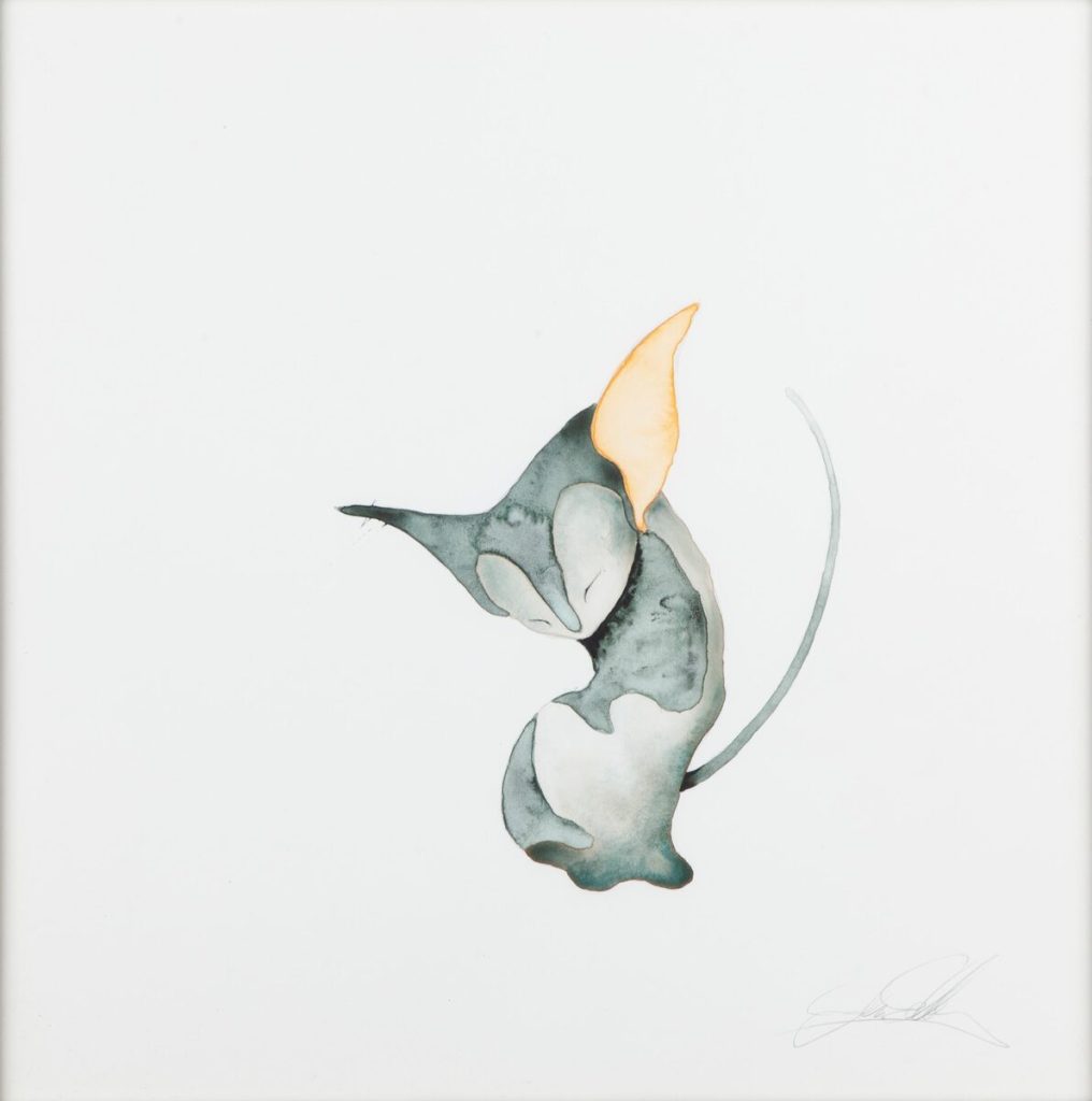 Watercolor and ink painting of a floating teal biomorphic form with a golden petal accent on white paper.
