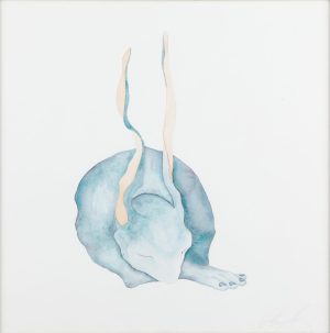 Watercolor of a curled human figure in teal blue with two pale ribbon-like forms rising from its back on white paper.