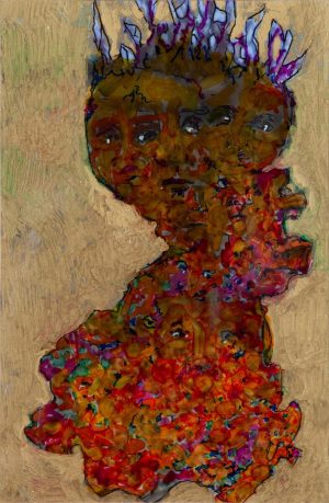 Mixed-media painting of a multi-faced figure with flame-like crown, rendered in vivid reds, oranges, and gold on a textured ground.