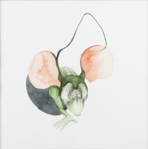 Watercolor and ink drawing of a green humanoid insect-like creature with peach lobes and a curving tendril on white paper.
