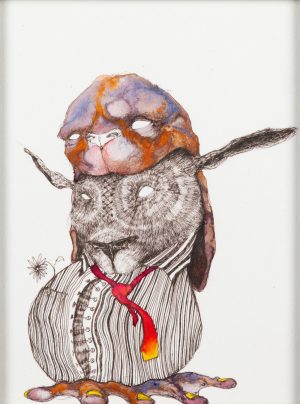 Ink drawing of a stacked hybrid animal figure wearing a striped shirt and colorful necktie on white paper.