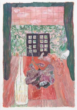 Gouache painting of a surreal interior with a disembodied female head, glass bottle, dark folding doors, and lush floral wallpaper.